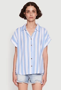 Womens Striped Button Front Fixed Cuff Shirt, Blue, Size XL