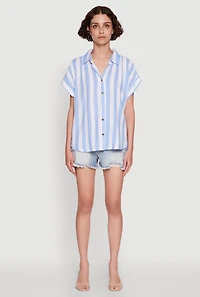 Womens Striped Button Front Fixed Cuff Shirt, Blue, Size XL