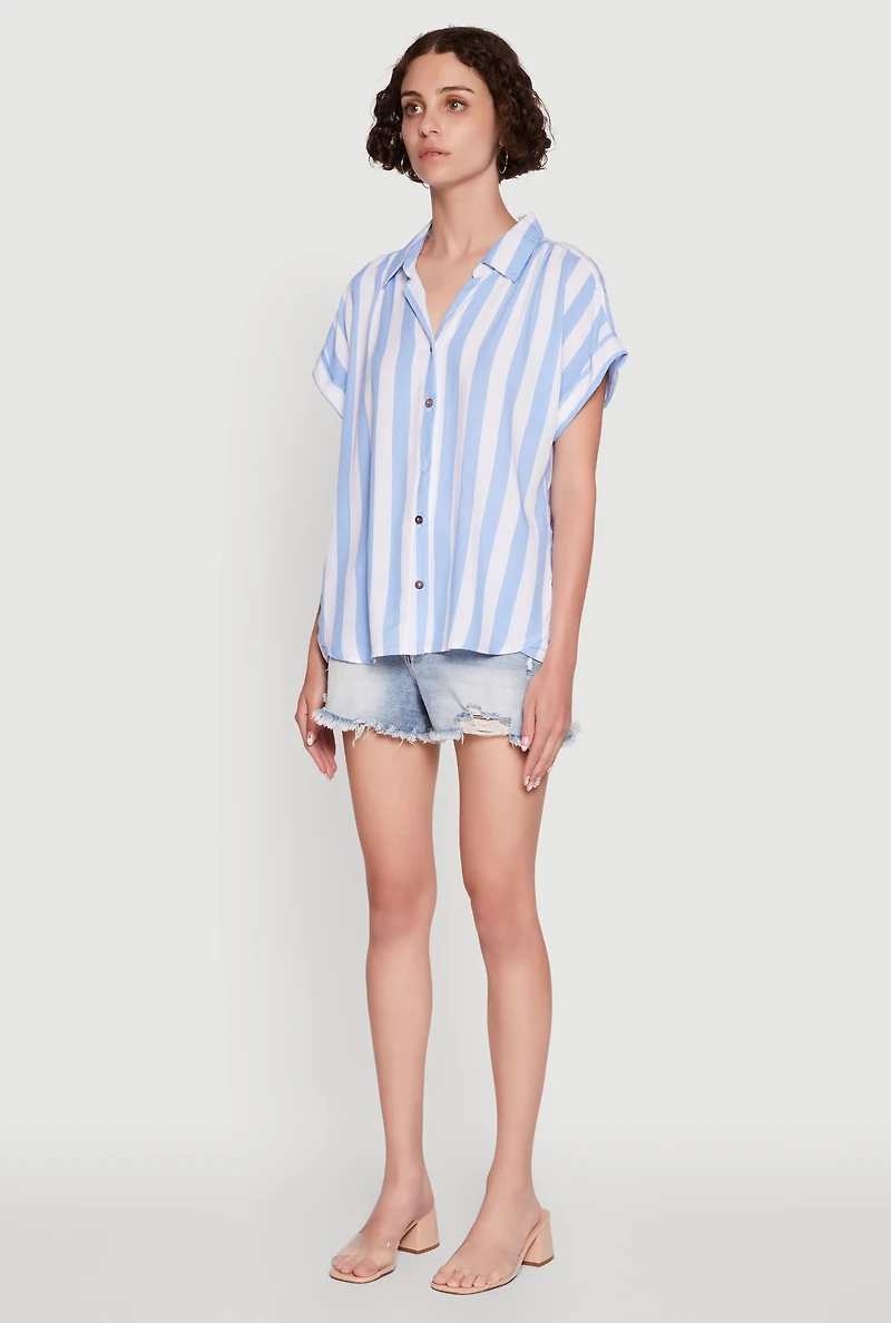 Womens Striped Button Front Fixed Cuff Shirt, Blue, Size M