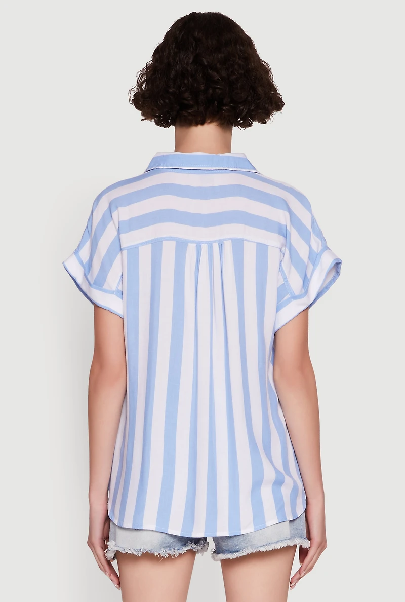 Womens Striped Button Front Fixed Cuff Shirt, Blue, Size M