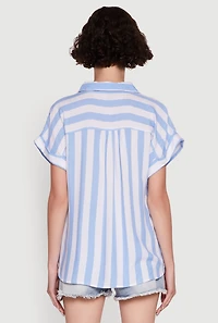 Womens Striped Button Front Fixed Cuff Shirt, Blue, Size M