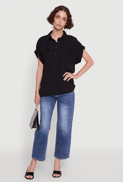 Womens Button Front Dolman Sleeve Shirt, Black, Size XL