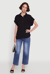 Womens Button Front Dolman Sleeve Shirt, Black, Size XL