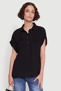 Womens Button Front Dolman Sleeve Shirt, Black, Size XL