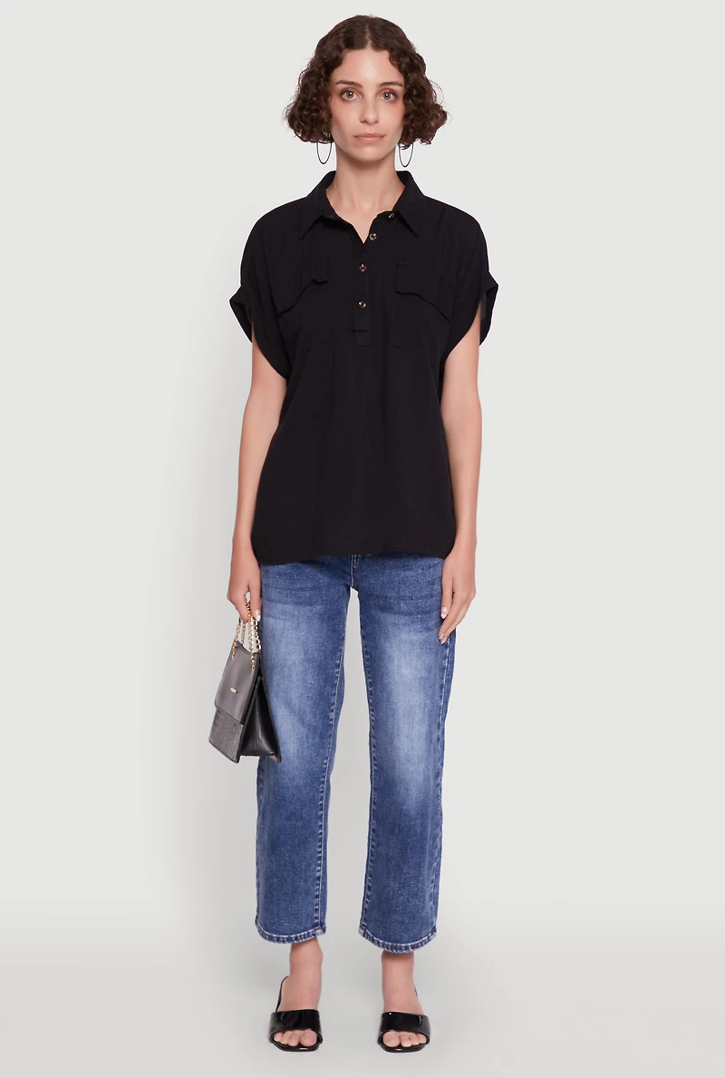 Womens Button Front Dolman Sleeve Shirt, Black, Size XL