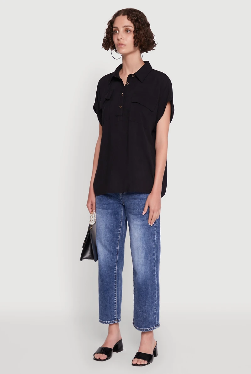 Womens Button Front Dolman Sleeve Shirt, Black, Size XL
