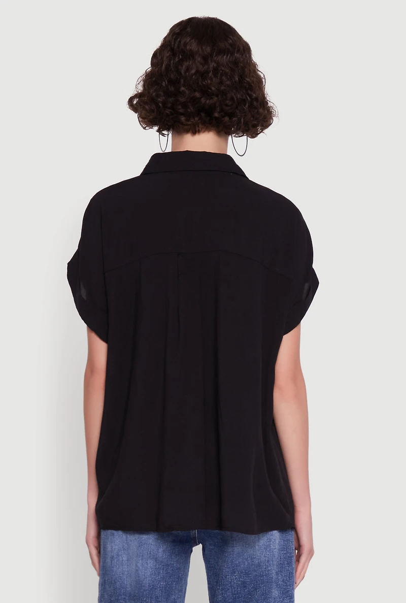 Womens Button Front Dolman Sleeve Shirt, Black, Size XL