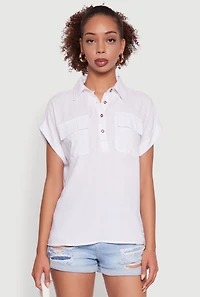 Womens Button Front Dolman Sleeve Shirt, White, Size L