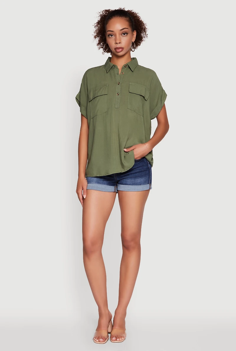 Womens Button Front Dolman Sleeve Shirt,