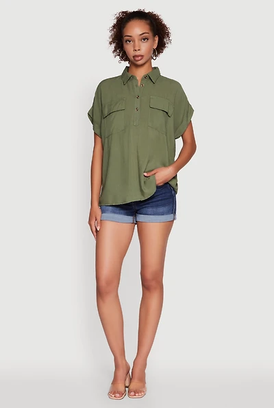 Womens Button Front Dolman Sleeve Shirt,