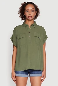 Womens Button Front Dolman Sleeve Shirt,