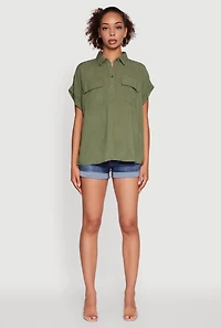Womens Button Front Dolman Sleeve Shirt,