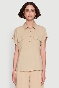 Womens Button Front Dolman Sleeve Shirt,