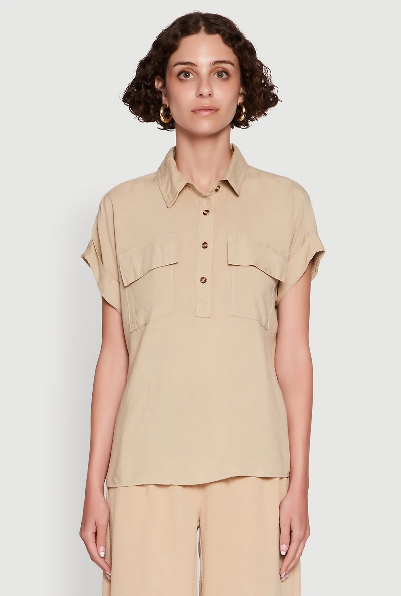 Womens Button Front Dolman Sleeve Shirt, Beige, Size S