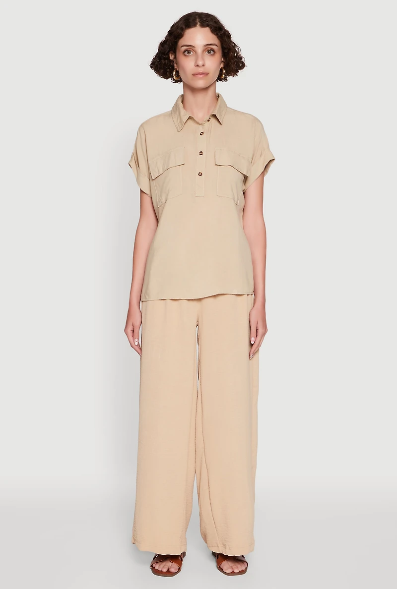 Womens Button Front Dolman Sleeve Shirt, Beige, Size S