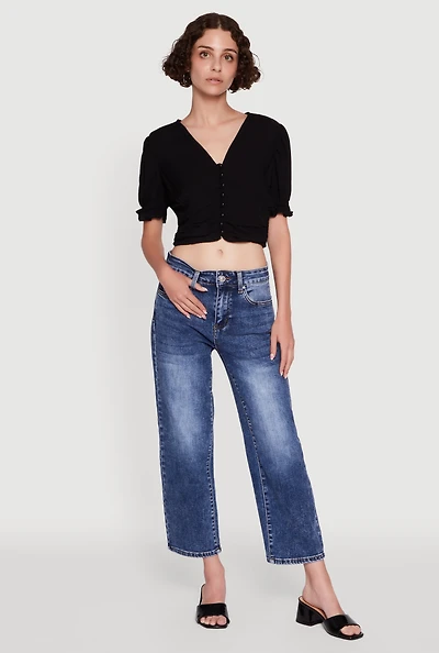 Womens Trendy Puff Sleeve Button Front Peasant Crop Top, M