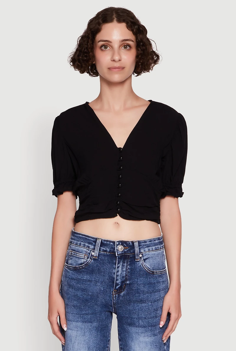 Womens Trendy Puff Sleeve Button Front Peasant Crop Top, S