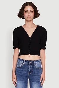 Womens Trendy Puff Sleeve Button Front Peasant Crop Top, S
