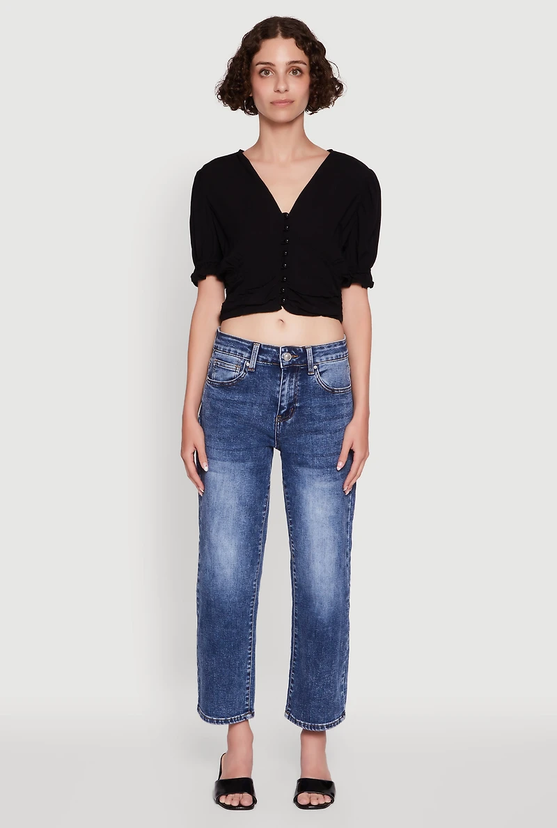 Womens Trendy Puff Sleeve Button Front Peasant Crop Top,