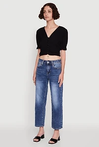 Womens Trendy Puff Sleeve Button Front Peasant Crop Top, M