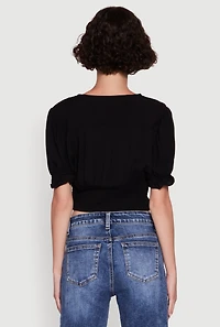 Womens Trendy Puff Sleeve Button Front Peasant Crop Top, M