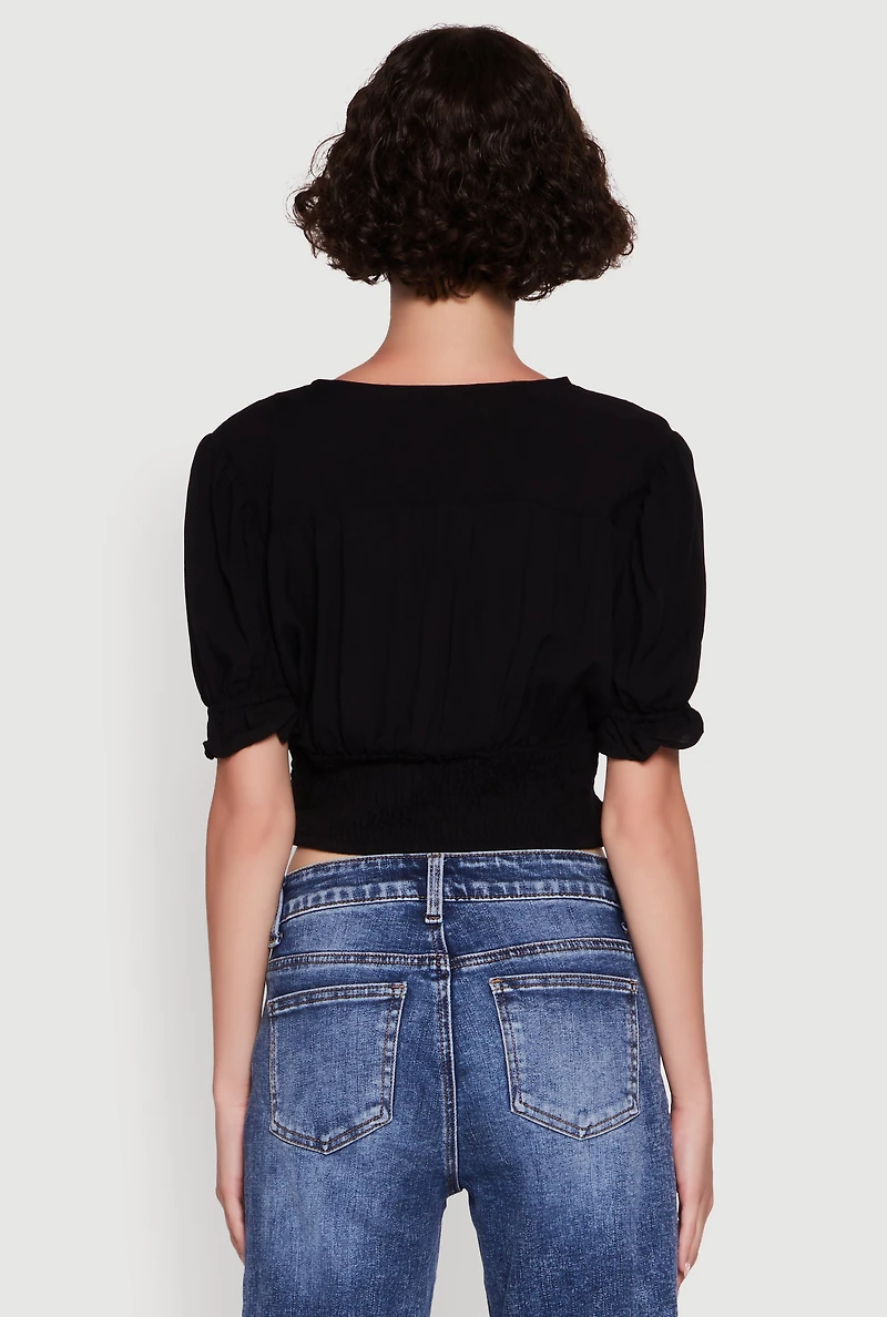 Womens Trendy Puff Sleeve Button Front Peasant Crop Top,