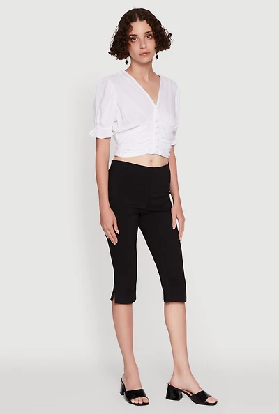 Trendy Puff Sleeve Button Front Peasant Crop Top