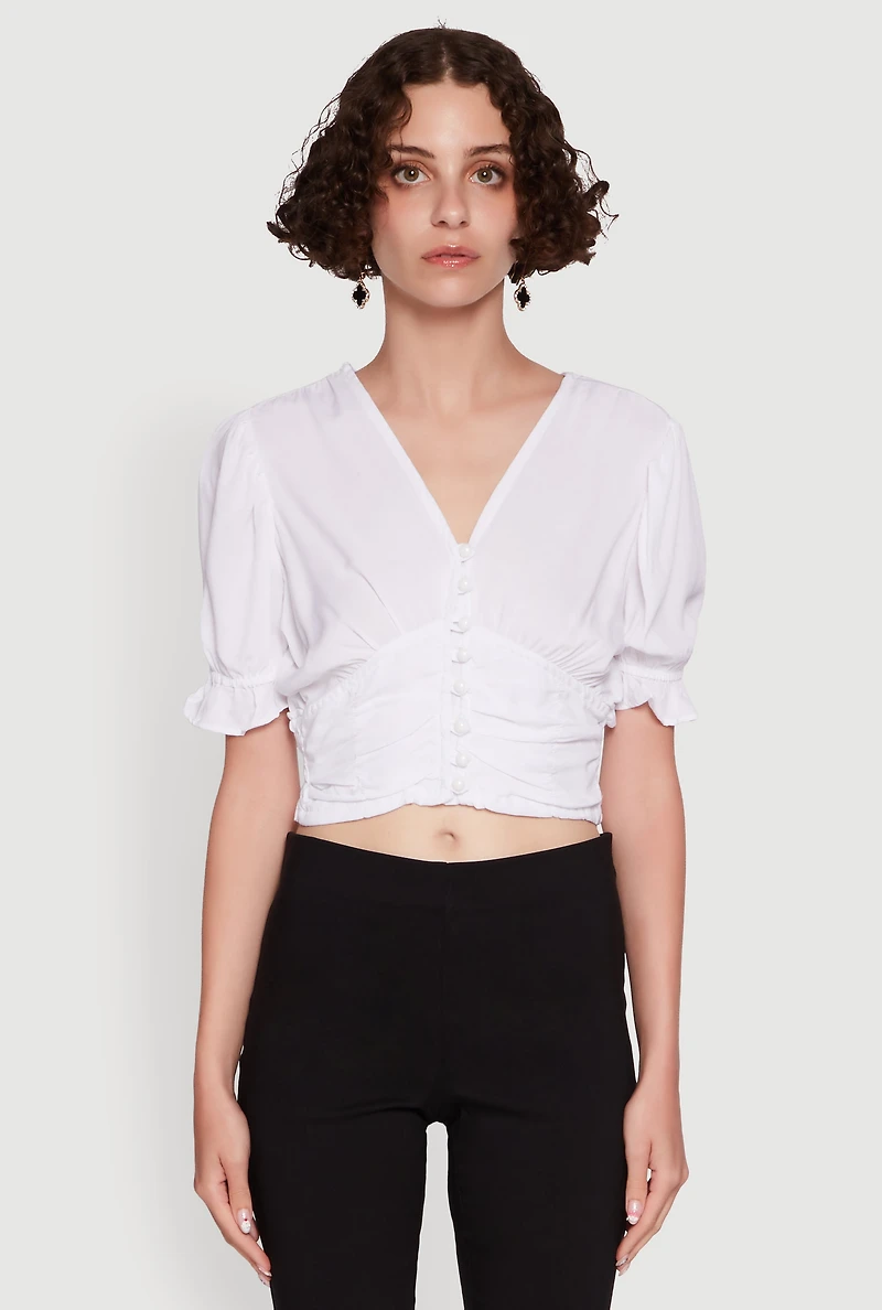 Trendy Puff Sleeve Button Front Peasant Crop Top