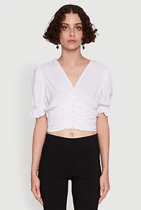 Trendy Puff Sleeve Button Front Peasant Crop Top