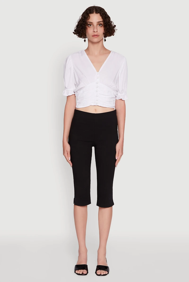 Trendy Puff Sleeve Button Front Peasant Crop Top