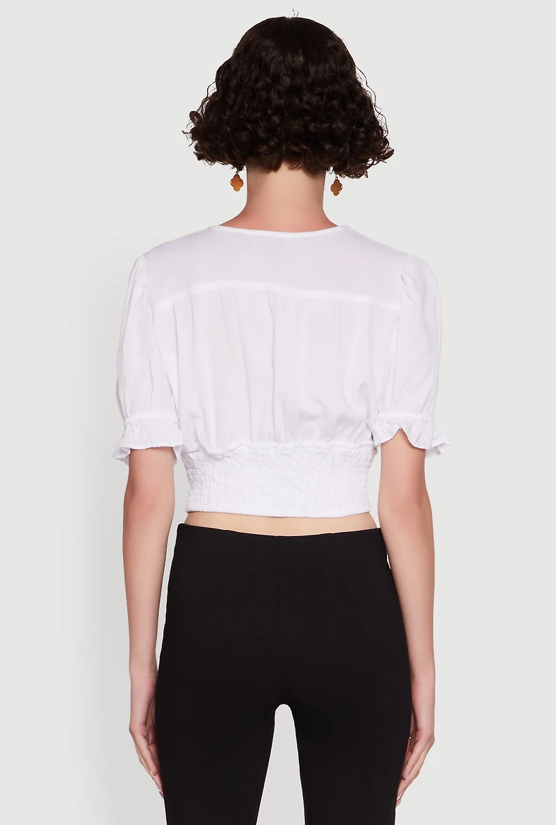 Trendy Puff Sleeve Button Front Peasant Crop Top
