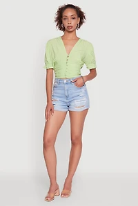 Trendy Puff Sleeve Button Front Peasant Crop Top