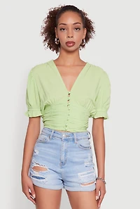 Womens Trendy Puff Sleeve Button Front Peasant Crop Top,