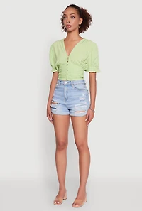 Womens Trendy Puff Sleeve Button Front Peasant Crop Top,