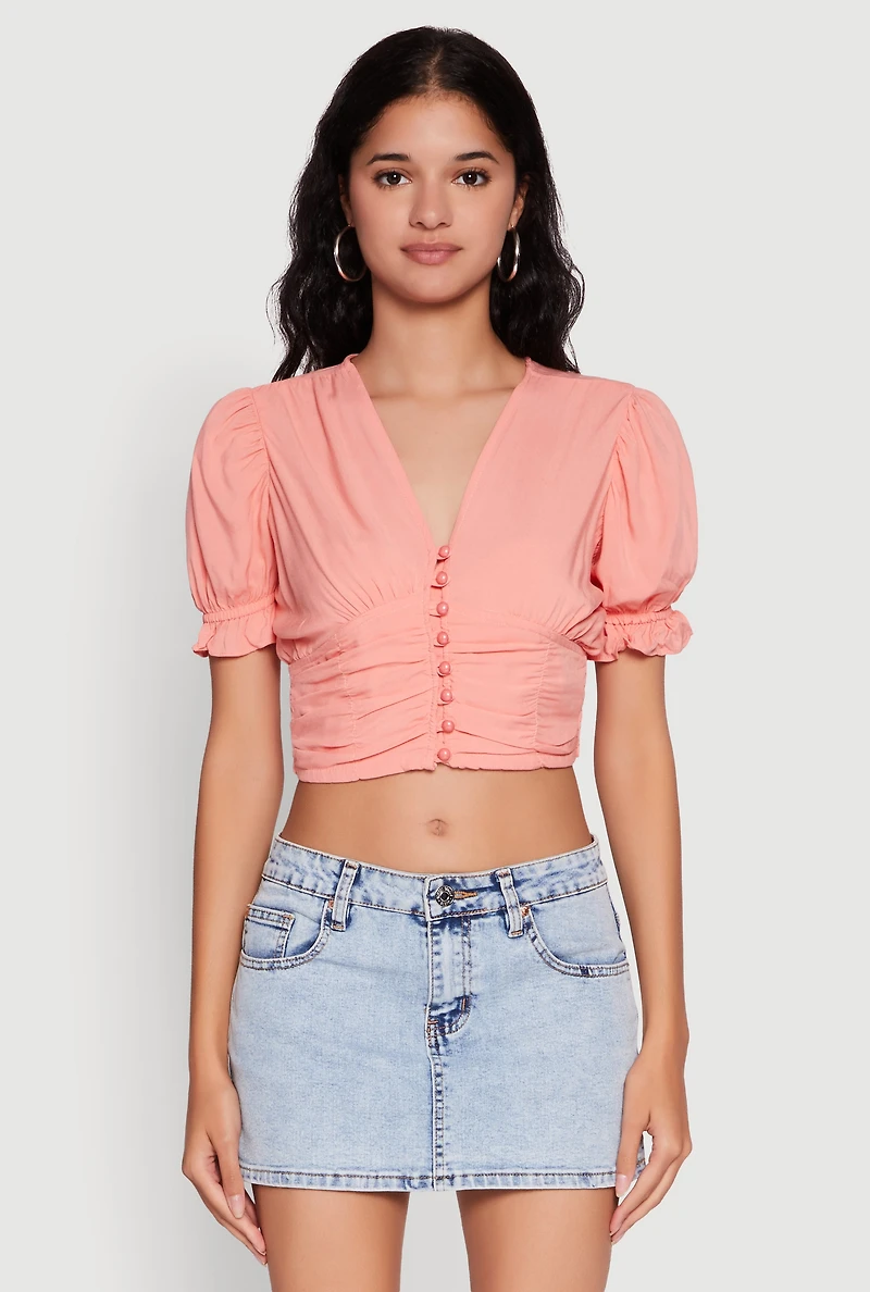 Womens Trendy Puff Sleeve Button Front Peasant Crop Top, Pink, Size L