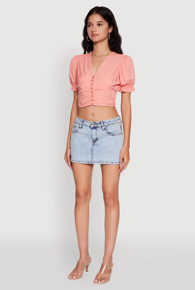 Womens Trendy Puff Sleeve Button Front Peasant Crop Top, Pink, Size L