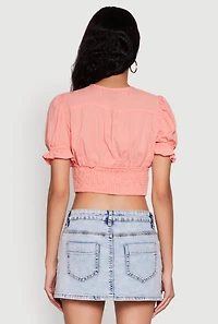 Womens Trendy Puff Sleeve Button Front Peasant Crop Top, Pink, Size L