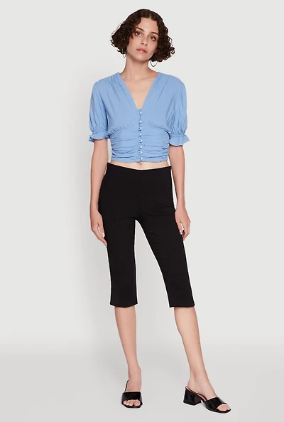 Womens Trendy Puff Sleeve Button Front Peasant Crop Top,
