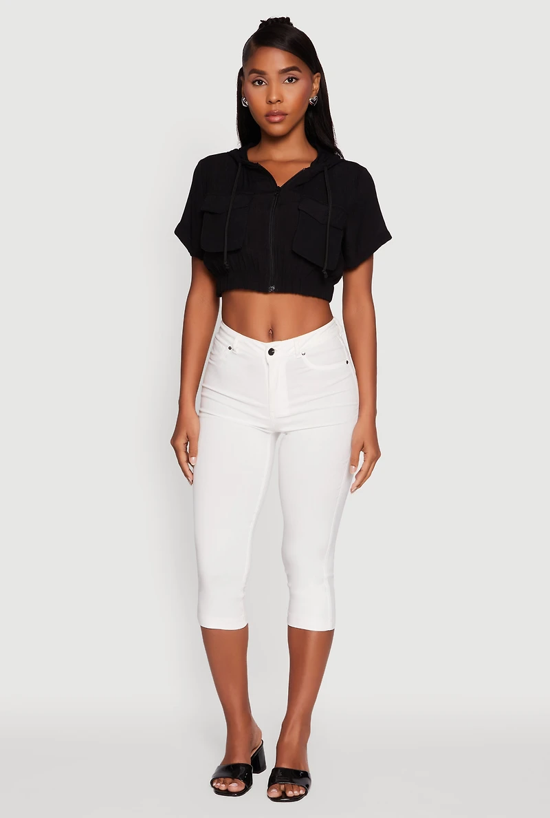 Womens Trendy Cargo Pocket Zip Front Cropped Hoodie,