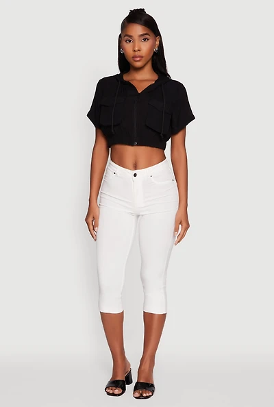 Trendy Cargo Pocket Zip Front Cropped Hoodie