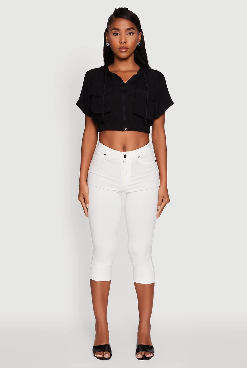 Trendy Cargo Pocket Zip Front Cropped Hoodie