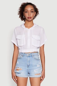 Trendy Cargo Pocket Zip Front Cropped Hoodie