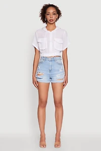 Trendy Cargo Pocket Zip Front Cropped Hoodie