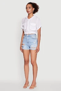 Trendy Cargo Pocket Zip Front Cropped Hoodie