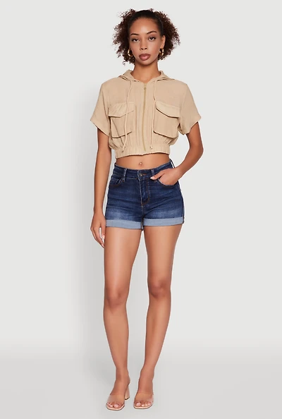 Womens Trendy Cargo Pocket Zip Front Cropped Hoodie,