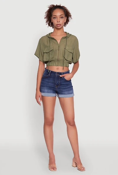 Womens Trendy Cargo Pocket Zip Front Cropped Hoodie,