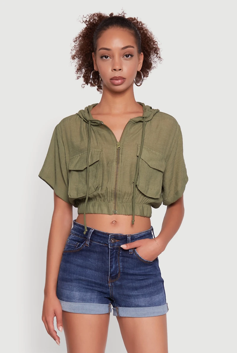 Womens Trendy Cargo Pocket Zip Front Cropped Hoodie, Green, Size L