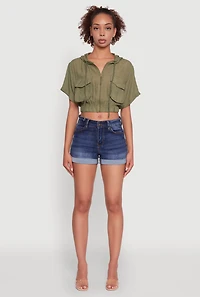 Womens Trendy Cargo Pocket Zip Front Cropped Hoodie, Green, Size L