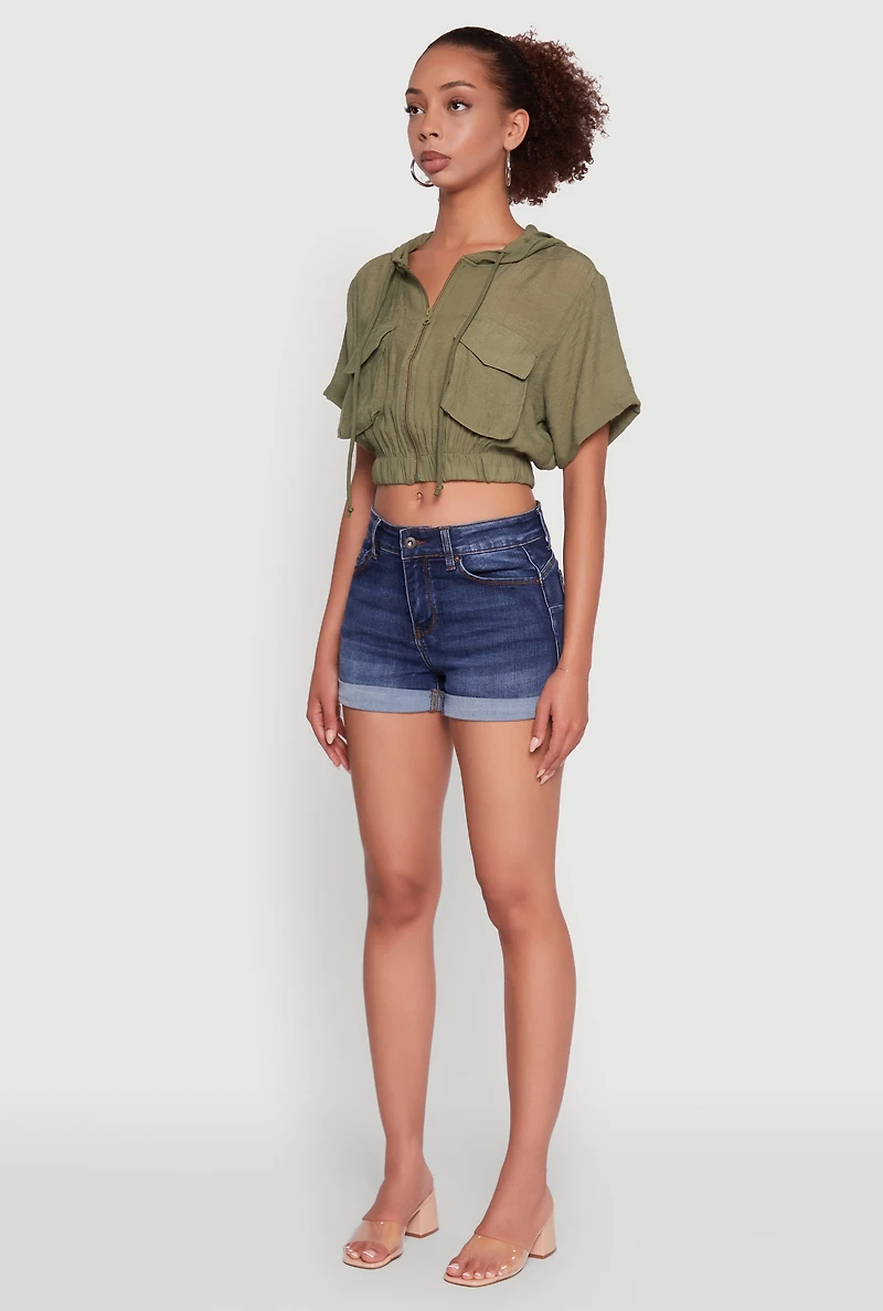 Womens Trendy Cargo Pocket Zip Front Cropped Hoodie, Green, Size L