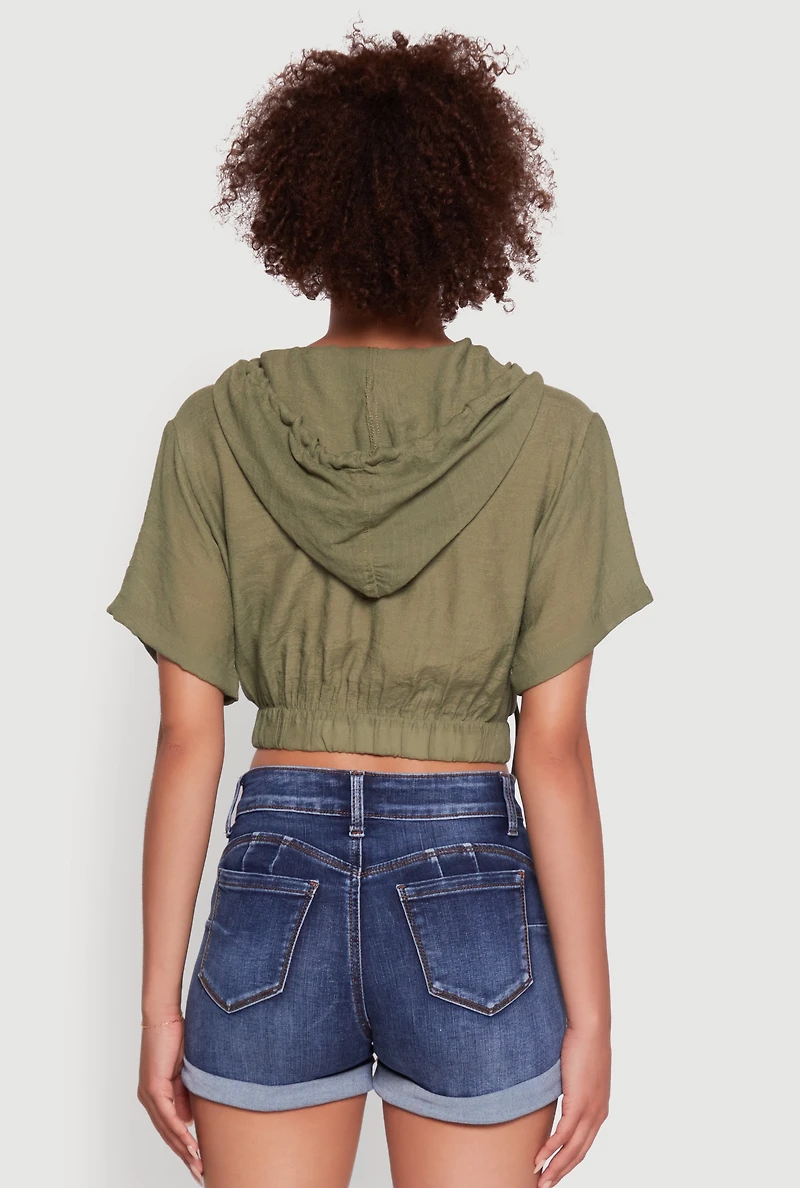 Womens Trendy Cargo Pocket Zip Front Cropped Hoodie, Green, Size L